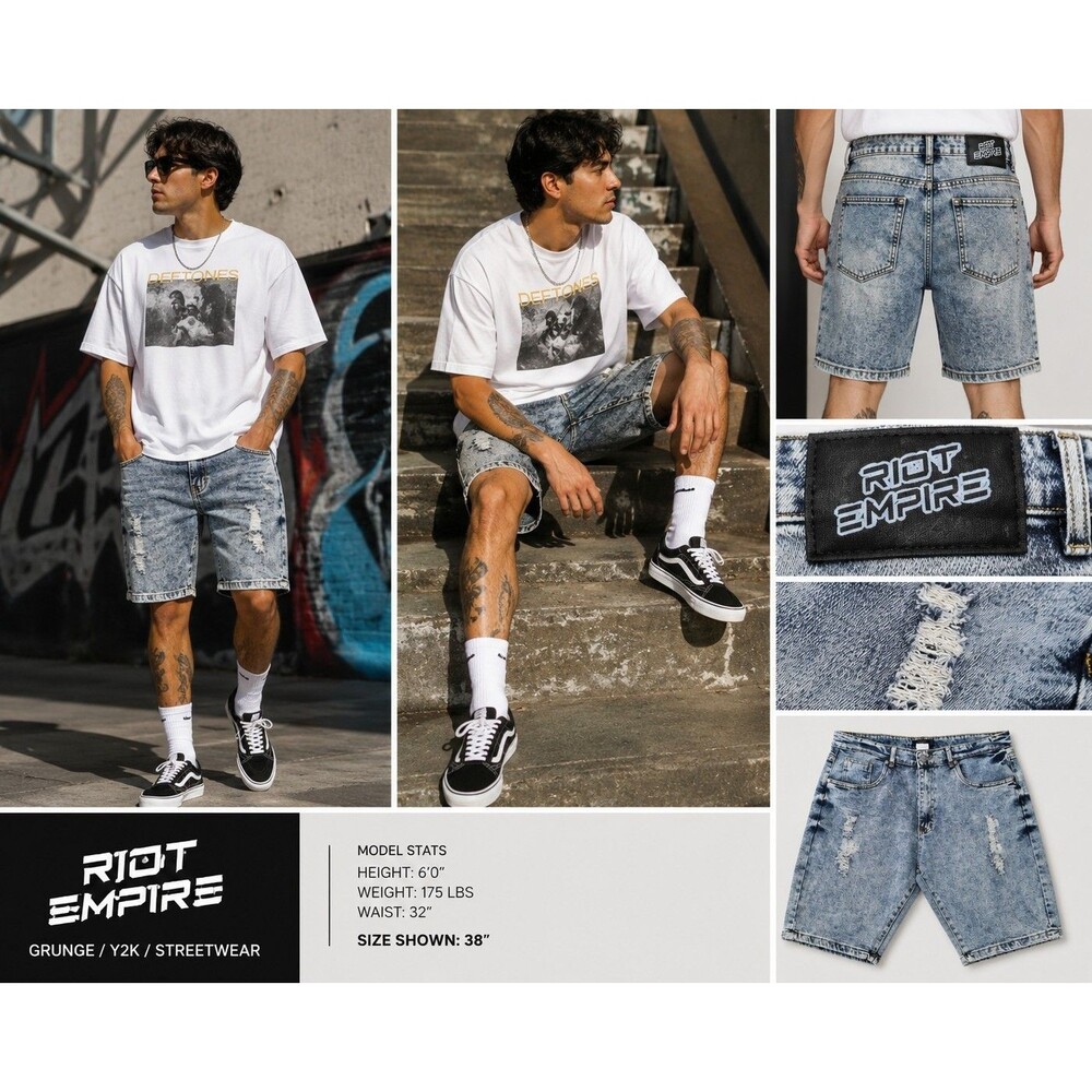 Riot Empire Men's 38 Distressed Denim Shorts Grunge Y2K Streetwear Acid Wash